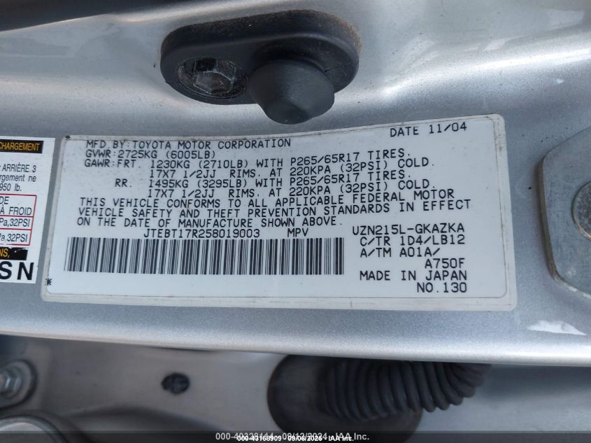 2005 Toyota 4Runner Limited V8 VIN: JTEBT17R258019003 Lot: 43168909