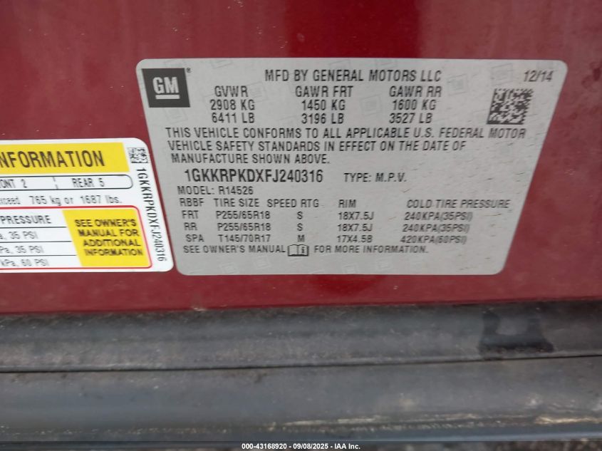 2015 GMC Acadia Sle-2 VIN: 1GKKRPKDXFJ240316 Lot: 43168920