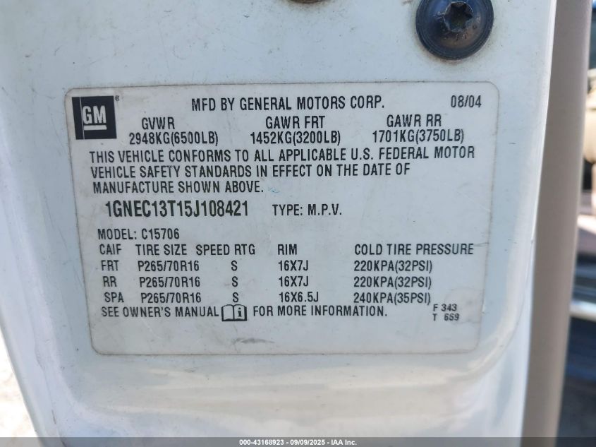 2005 Chevrolet Tahoe Ls VIN: 1GNEC13T15J108421 Lot: 43168923