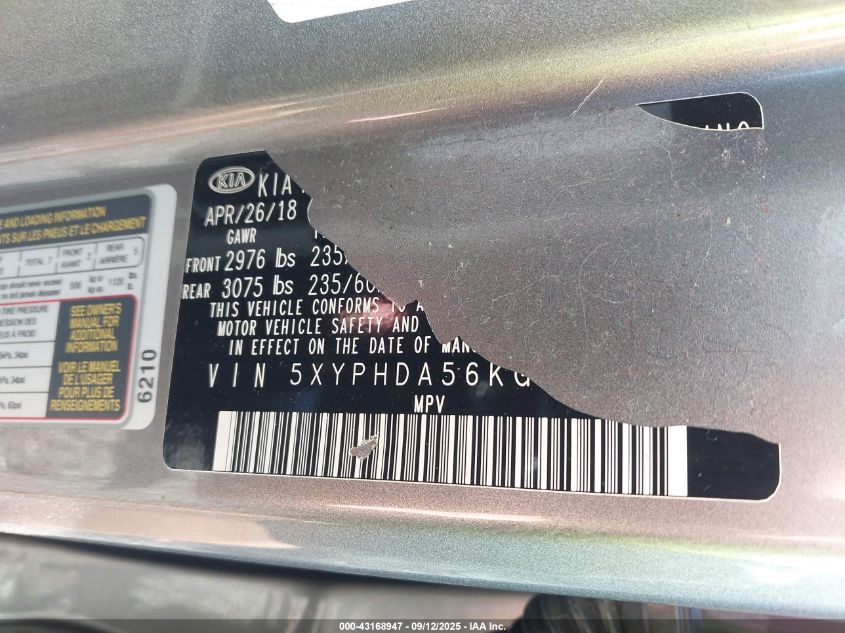 2019 Kia Sorento 3.3L Ex VIN: 5XYPHDA56KG465369 Lot: 43168947