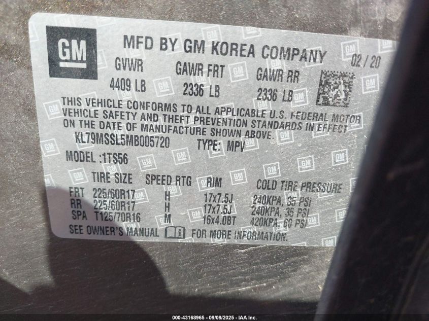 2021 Chevrolet Trailblazer Awd Activ VIN: KL79MSSL5MB005720 Lot: 43168965