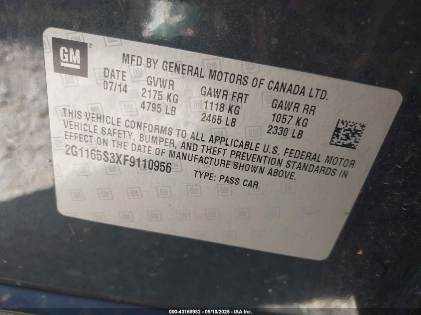 2015 Chevrolet Impala 2Lz VIN: 2G1165S3XF9110956 Lot: 43168982