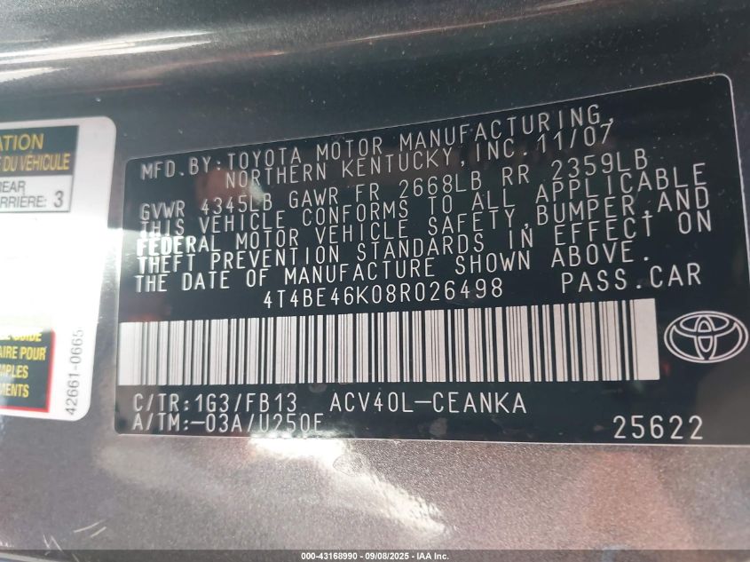 2008 Toyota Camry Le VIN: 4T4BE46K08R026498 Lot: 43168990