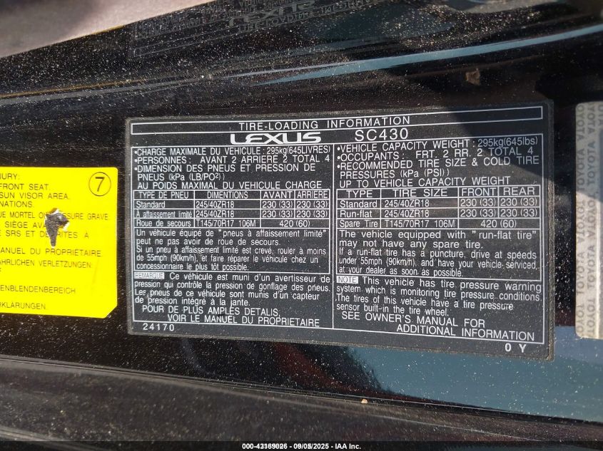 2002 Lexus Sc 430 VIN: JTHFN48Y320019110 Lot: 43221803