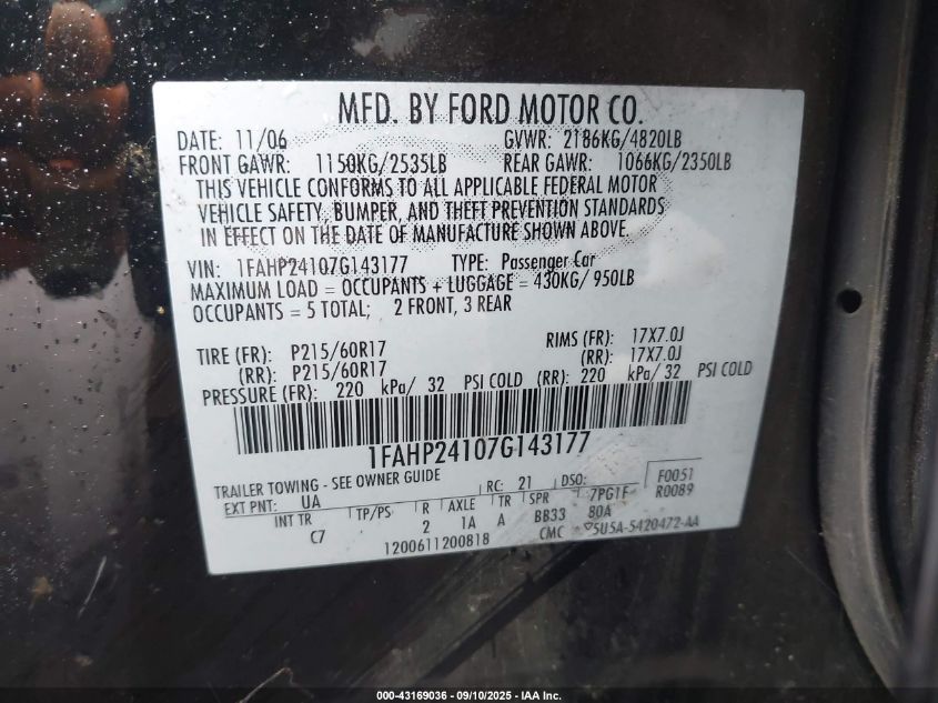 2007 Ford Five Hundred Sel VIN: 1FAHP24107G143177 Lot: 43169036