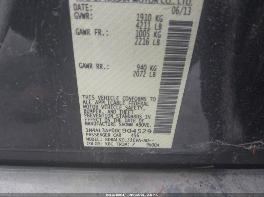 2013 Nissan Altima 2.5 Sl VIN: 1N4AL3AP0DC904529 Lot: 43169047