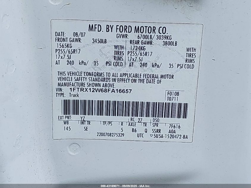 2008 Ford F-150 Fx2/Stx/Xl/Xlt VIN: 1FTRX12W68FA16657 Lot: 43169071