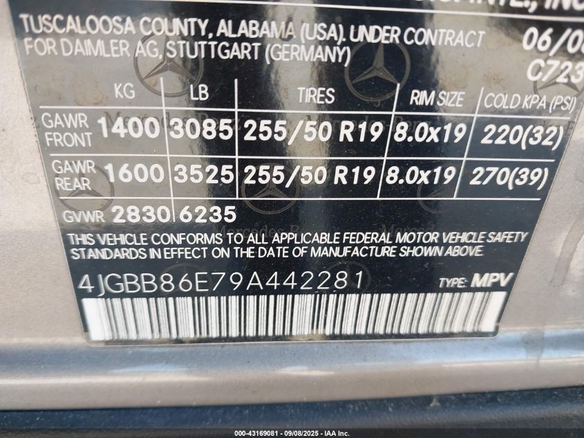 2009 Mercedes-Benz Ml 350 4Matic VIN: 4JGBB86E79A442281 Lot: 43169081