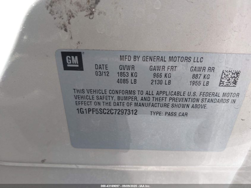 2012 Chevrolet Cruze 1Lt VIN: 1G1PF5SC2C7297312 Lot: 43169097