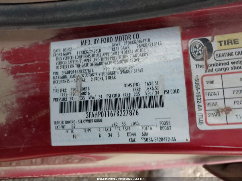 2007 Ford Fusion Se VIN: 3FAHP01167R227876 Lot: 43169124