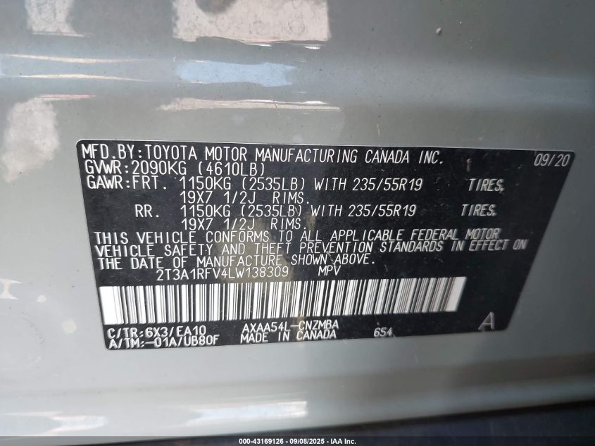 2020 Toyota Rav4 Xle Premium VIN: 2T3A1RFV4LW138309 Lot: 43169126