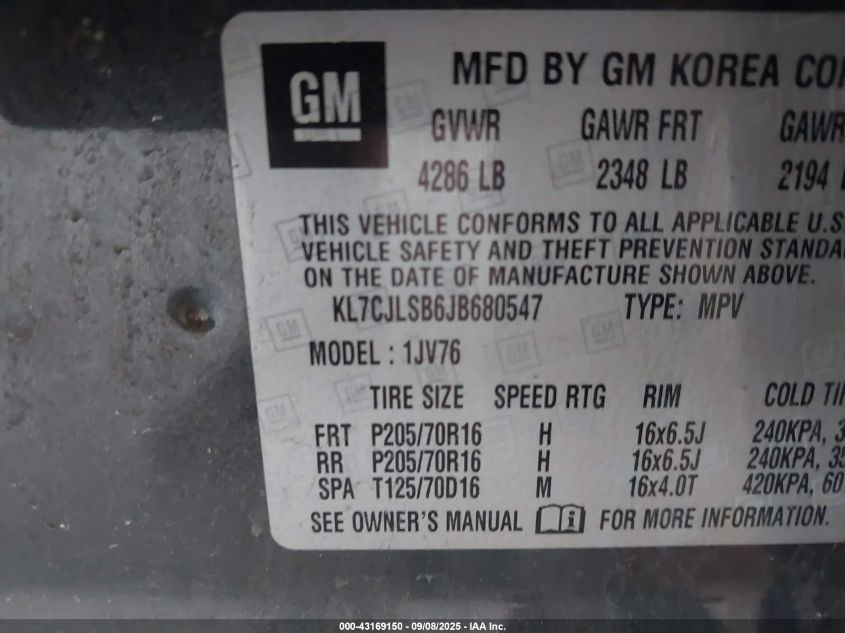 2018 Chevrolet Trax Lt VIN: KL7CJLSB6JB680547 Lot: 43169150