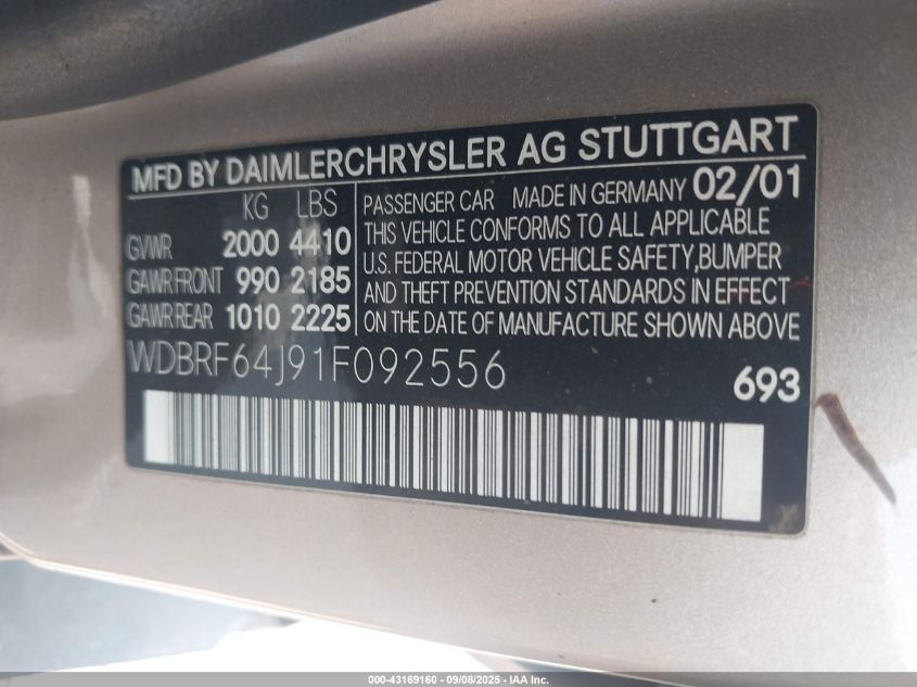 2001 Mercedes-Benz C 320 VIN: WDBRF64J91F092556 Lot: 43169160