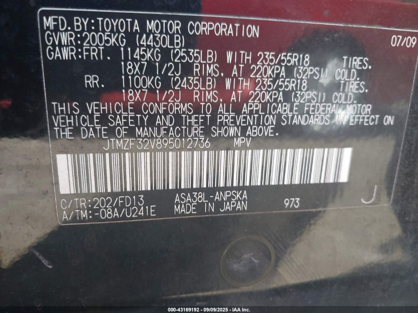 2009 Toyota Rav4 Sport VIN: JTMZF32V895012736 Lot: 43169192