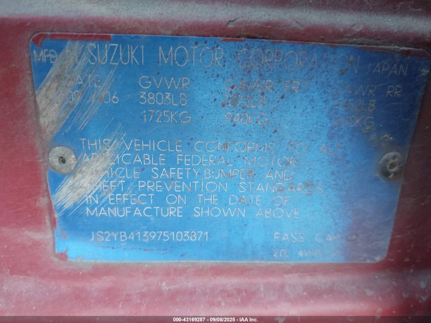 2007 Suzuki Sx4 Convenience/Rally VIN: JS2YB413975103871 Lot: 43169287