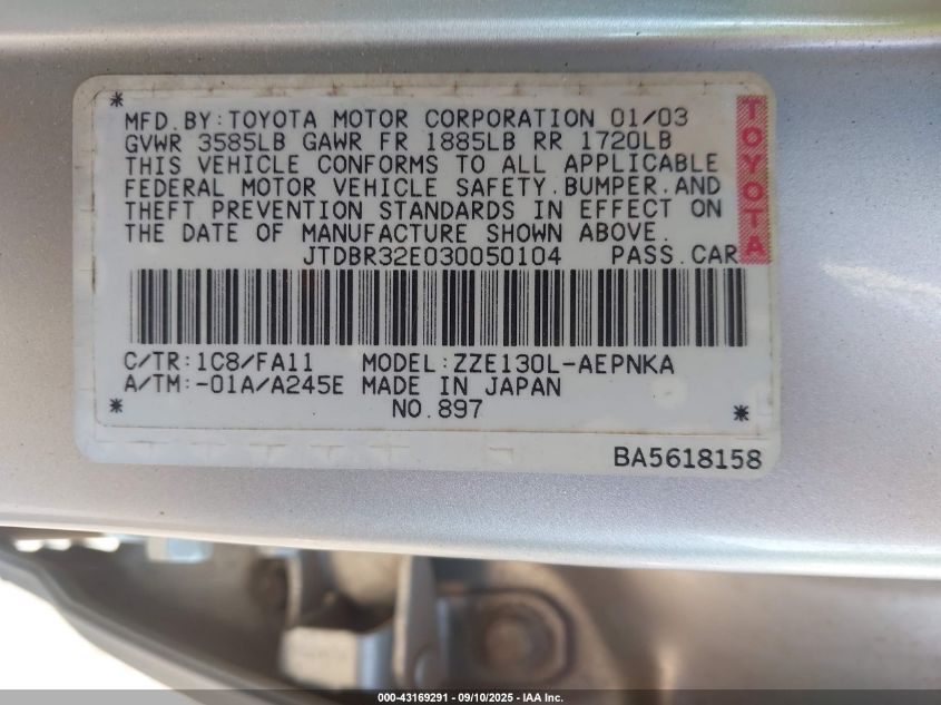 2003 Toyota Corolla Le VIN: JTDBR32E030050104 Lot: 43169291