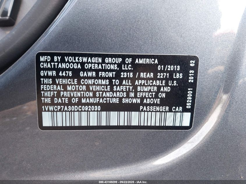 2013 Volkswagen Passat 2.5L Sel VIN: 1VWCP7A30DC092030 Lot: 43169299