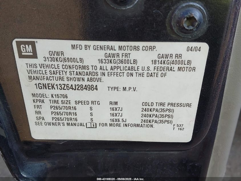 2004 Chevrolet Tahoe Lt VIN: 1GNEK13Z64J284984 Lot: 43169320