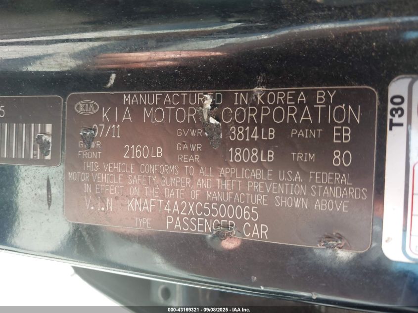 2012 Kia Forte Lx VIN: KNAFT4A2XC5500065 Lot: 43169321