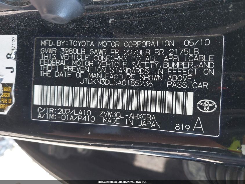 2010 Toyota Prius Iv VIN: JTDKN3DU5A0185236 Lot: 43169323