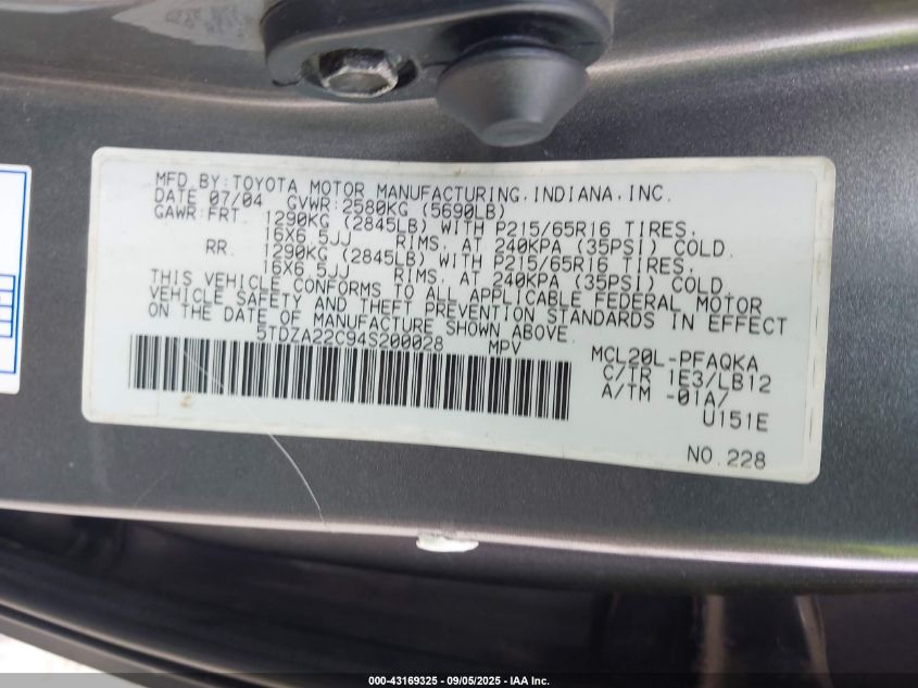 2004 Toyota Sienna Xle VIN: 5TDZA22C94S200028 Lot: 43169325