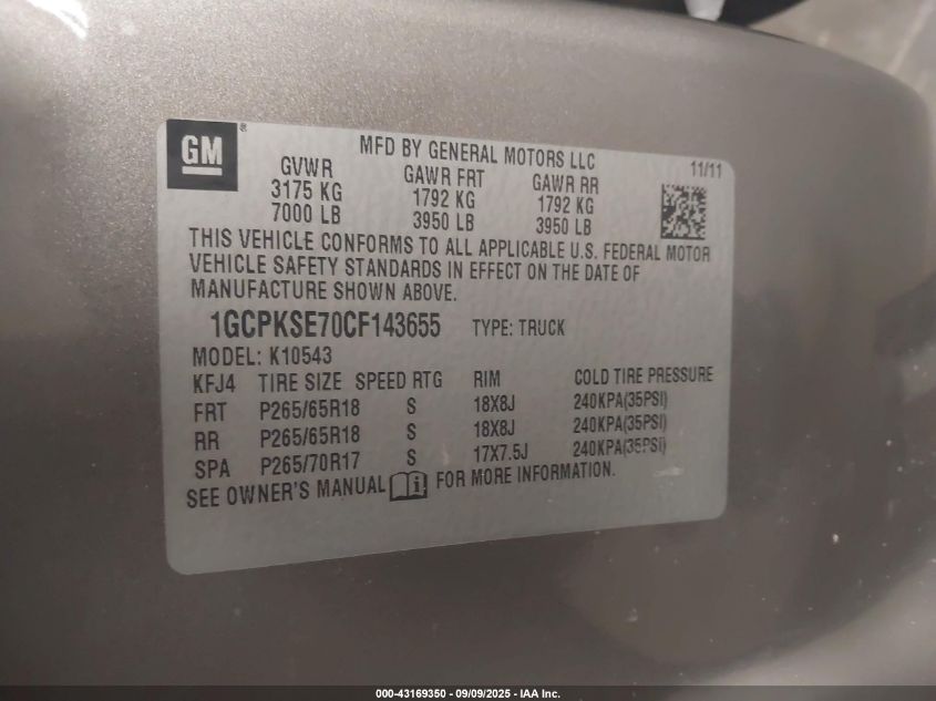 2012 Chevrolet Silverado Lt VIN: 1GCPKSE70CF143655 Lot: 43169350