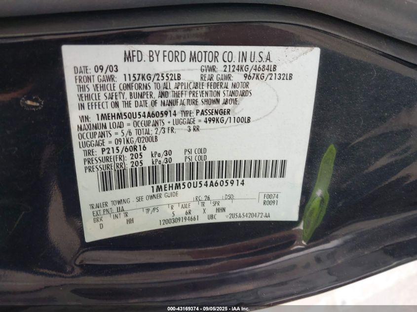 2004 Mercury Sable Gs VIN: 1MEHM50U54A605914 Lot: 43169374