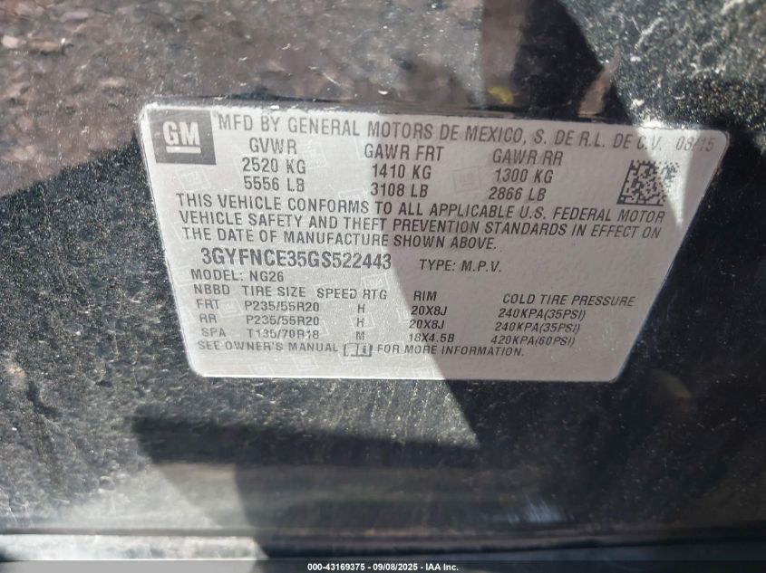 2016 Cadillac Srx Performance Collection VIN: 3GYFNCE35GS522443 Lot: 43169375