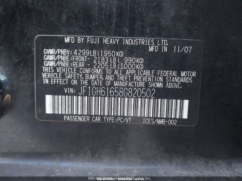 2008 Subaru Impreza 2.5I VIN: JF1GH61658G820502 Lot: 43169391