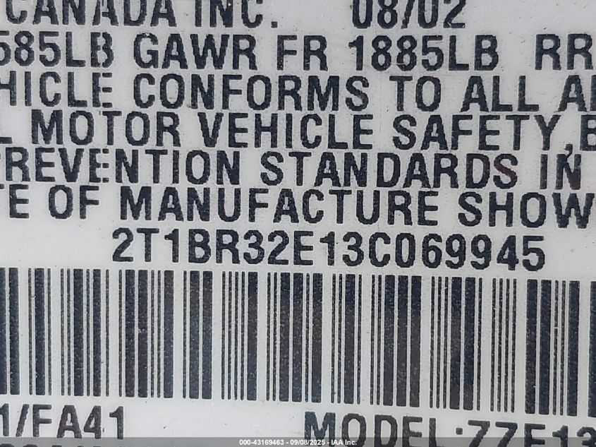 2003 Toyota Corolla Le VIN: 2T1BR32E13C069945 Lot: 43169463