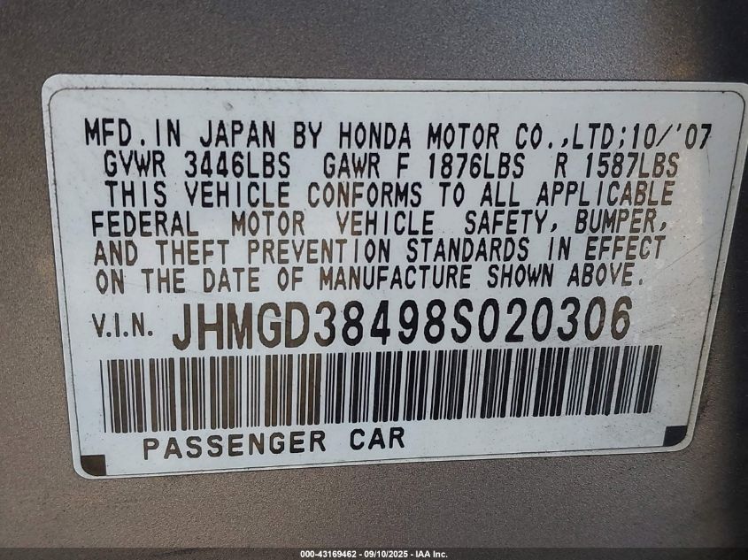 2008 Honda Fit VIN: JHMGD38498S020306 Lot: 43169462