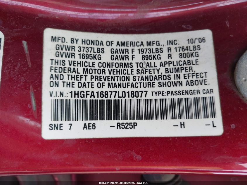2007 Honda Civic Ex VIN: 1HGFA16877L018077 Lot: 43169472