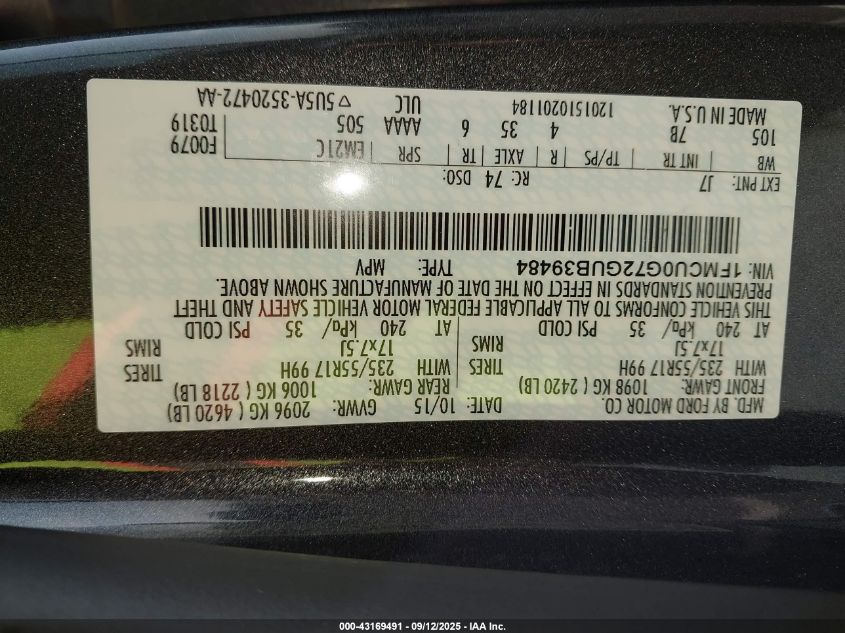 2016 Ford Escape Se VIN: 1FMCU0G72GUB39484 Lot: 43169491