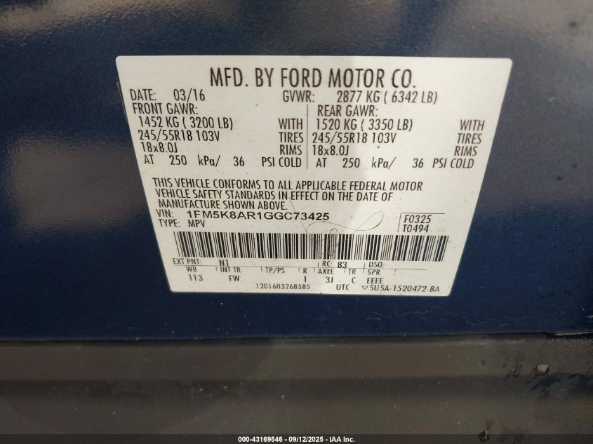 2016 Ford Explorer Police Interceptor VIN: 1FM5K8AR1GGC73425 Lot: 43169546