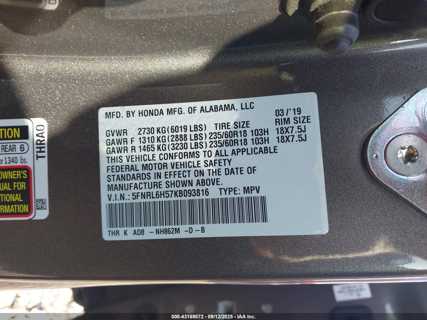 2019 Honda Odyssey Ex VIN: 5FNRL6H57KB093816 Lot: 43169572