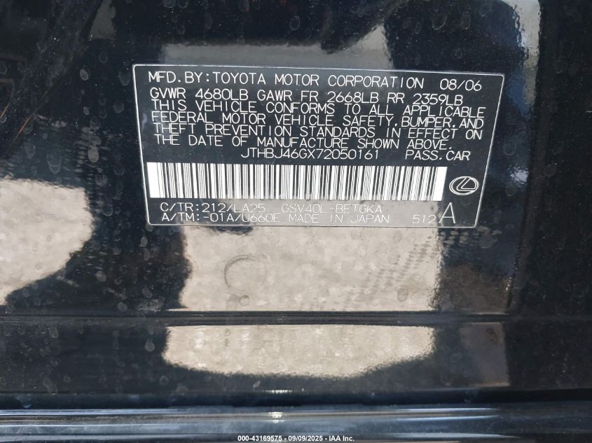 2007 Lexus Es 350 VIN: JTHBJ46GX72050161 Lot: 43169575