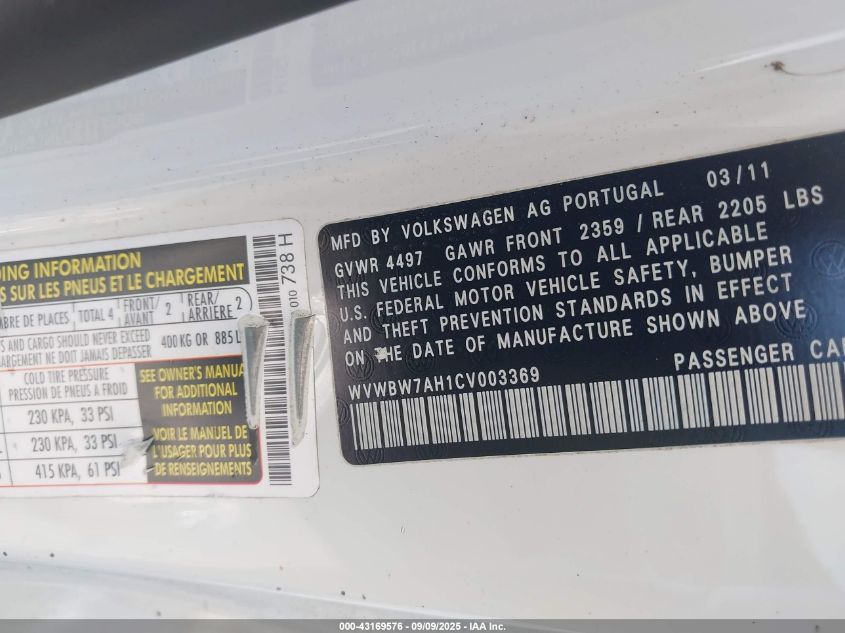 2012 Volkswagen Eos Komfort VIN: WVWBW7AH1CV003369 Lot: 43169576