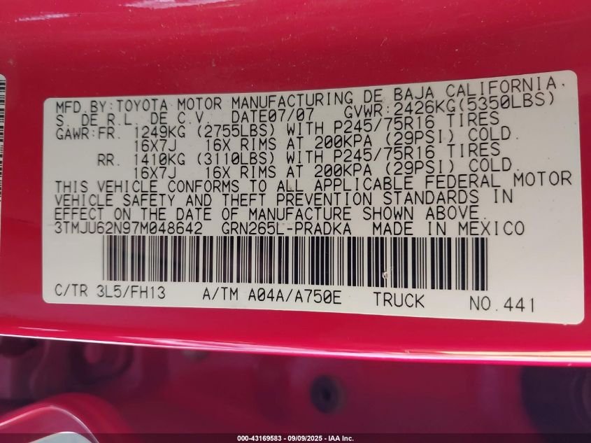 2007 Toyota Tacoma Prerunner V6 VIN: 3TMJU62N97M048642 Lot: 43169583