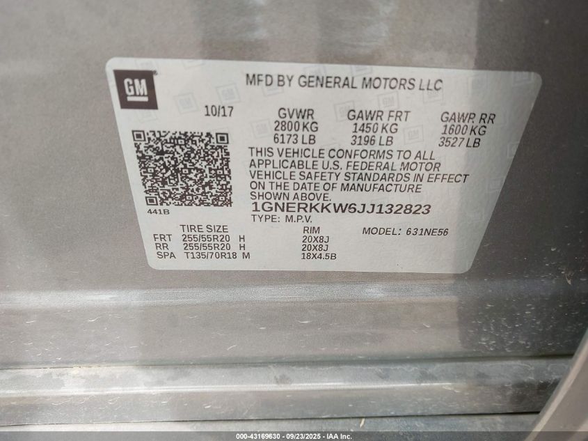 2018 Chevrolet Traverse Premier VIN: 1GNERKKW6JJ132823 Lot: 43169630