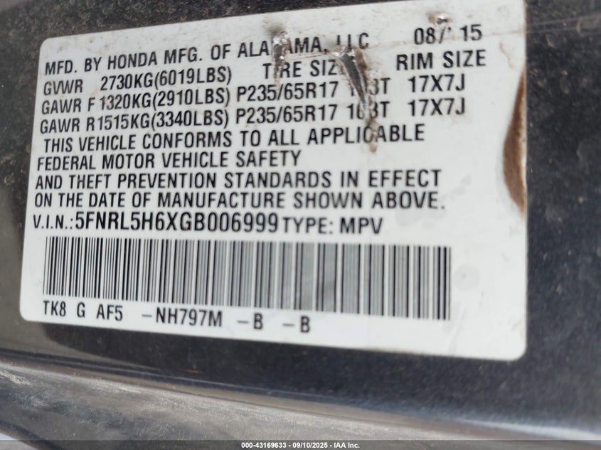 2016 HONDA ODYSSEY EX-L 5FNRL5H6XGB006999