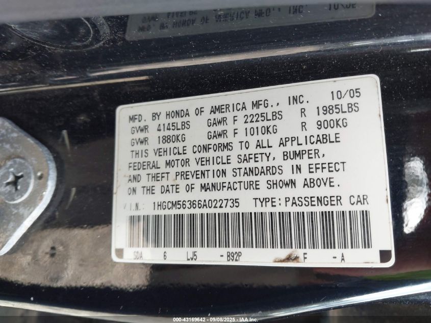 2006 Honda Accord 2.4 Se VIN: 1HGCM56366A022735 Lot: 43169642