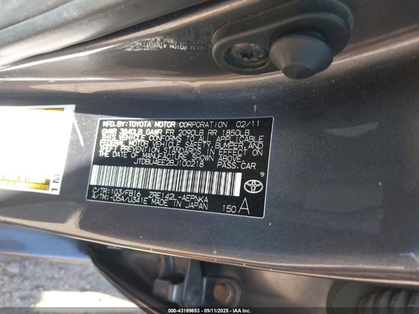 2011 Toyota Corolla Le VIN: JTDBU4EE2BJ100218 Lot: 43169653