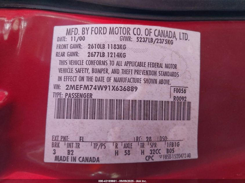 2001 Mercury Grand Marquis Gs VIN: 2MEFM74W91X636889 Lot: 43169661