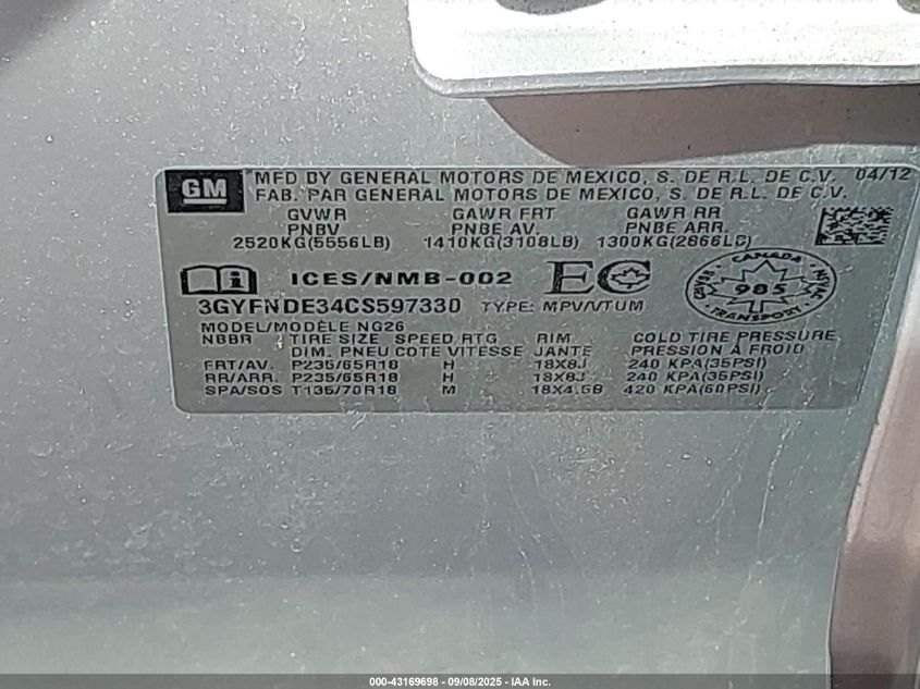 2012 Cadillac Srx Luxury Collection VIN: 3GYFNDE34CS597330 Lot: 43169698