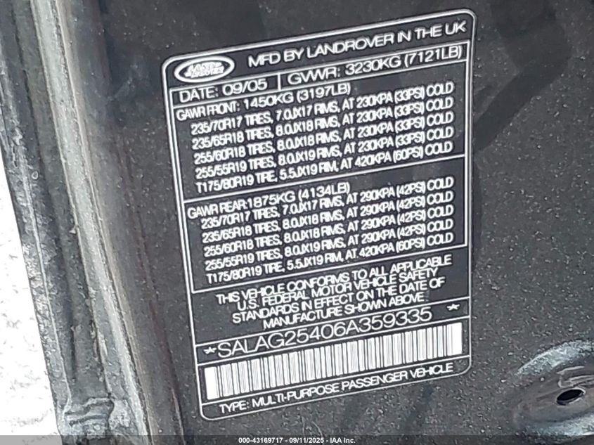 2006 Land Rover Lr3 Hse VIN: SALAG25406A359335 Lot: 43169717