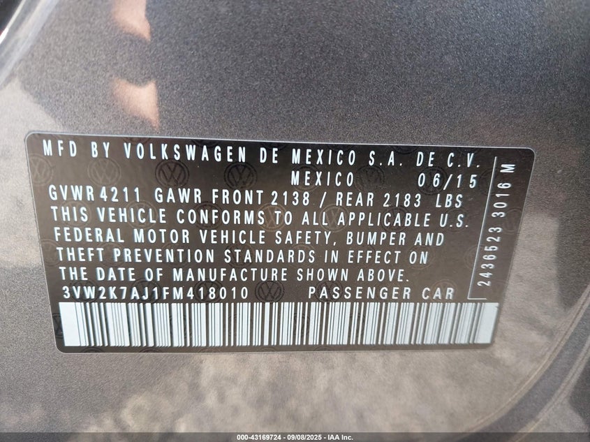 2015 VOLKSWAGEN JETTA 2.0L S - 3VW2K7AJ1FM418010