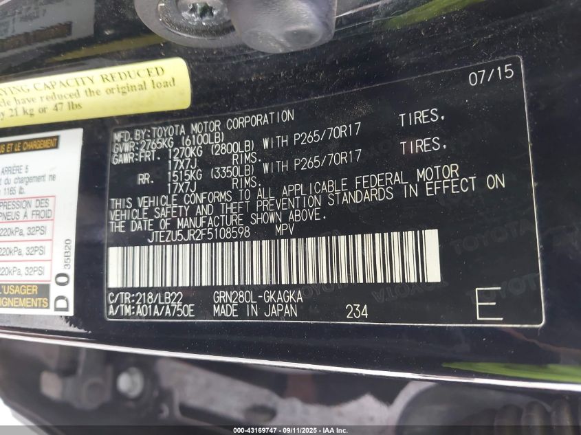 2015 Toyota 4Runner Sr5 Premium VIN: JTEZU5JR2F5108598 Lot: 43169747