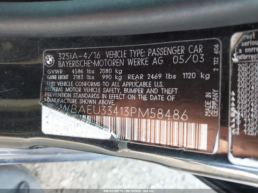 2003 BMW 325Xi VIN: WBAEU33413PM58486 Lot: 43169776