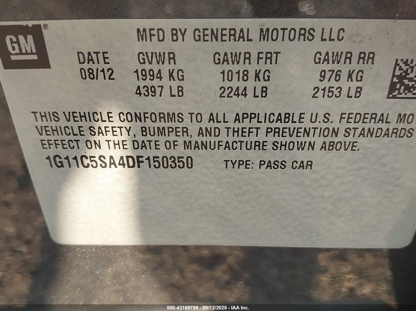 2013 Chevrolet Malibu 1Lt VIN: 1G11C5SA4DF150350 Lot: 43169799