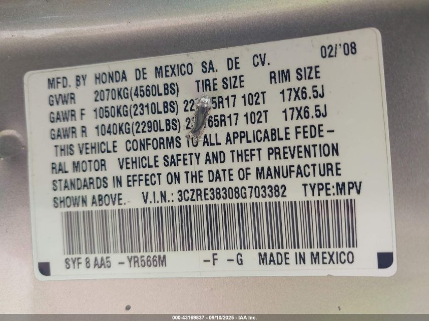 2008 Honda Cr-V Lx VIN: 3CZRE38308G703382 Lot: 43169837